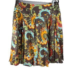 New York & Company Women's 10 Retro Brown Floral Pleated Skirt Multi-Color Boho